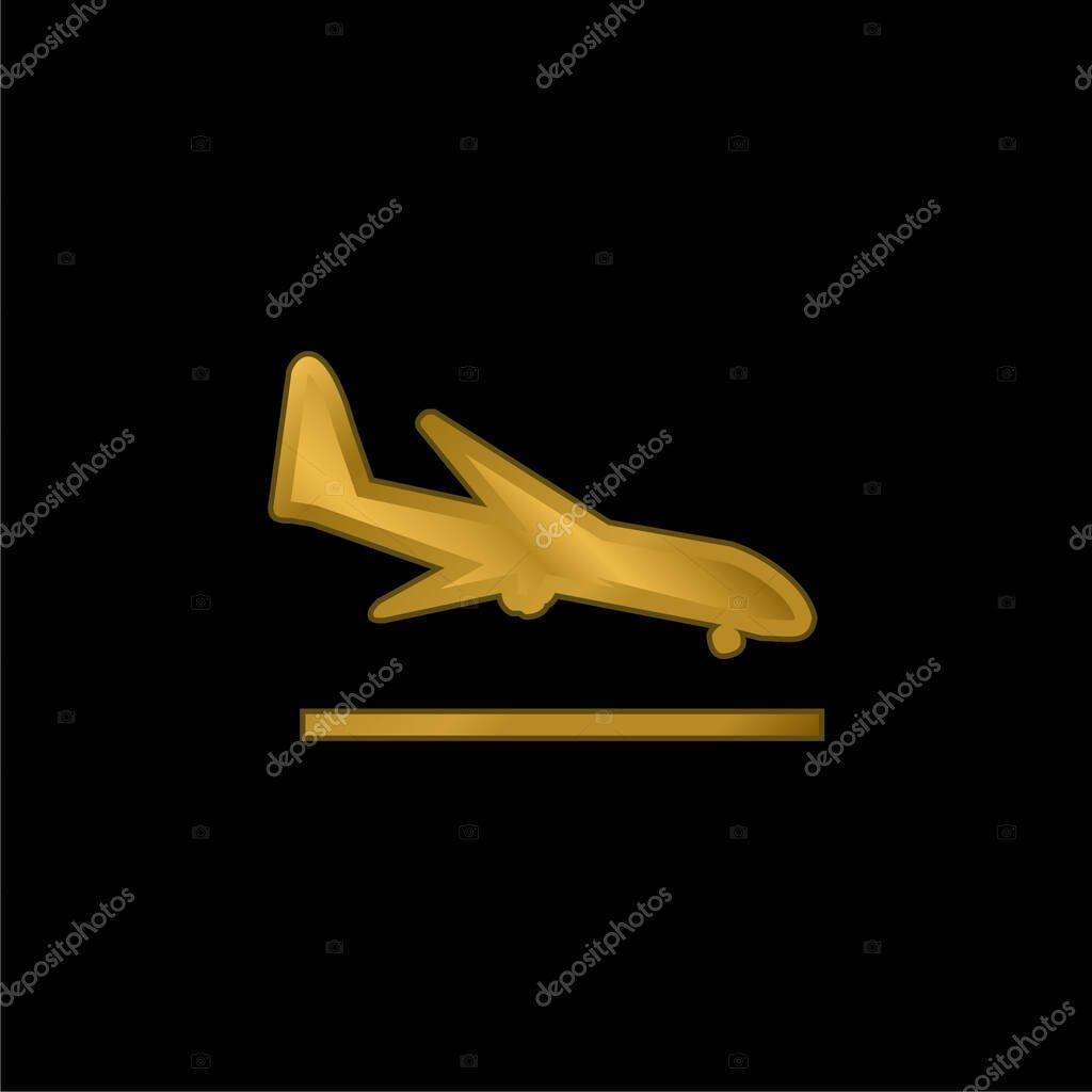 Airplane Landing gold plated metalic icon or logo vector