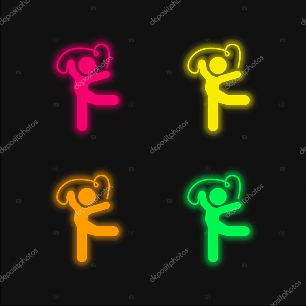 Artistic Gymnast Posture With Ribbon four color glowing neon vector icon
