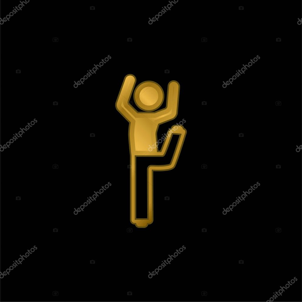 Boy With Bended Leg And Arms Up gold plated metalic icon or logo vector