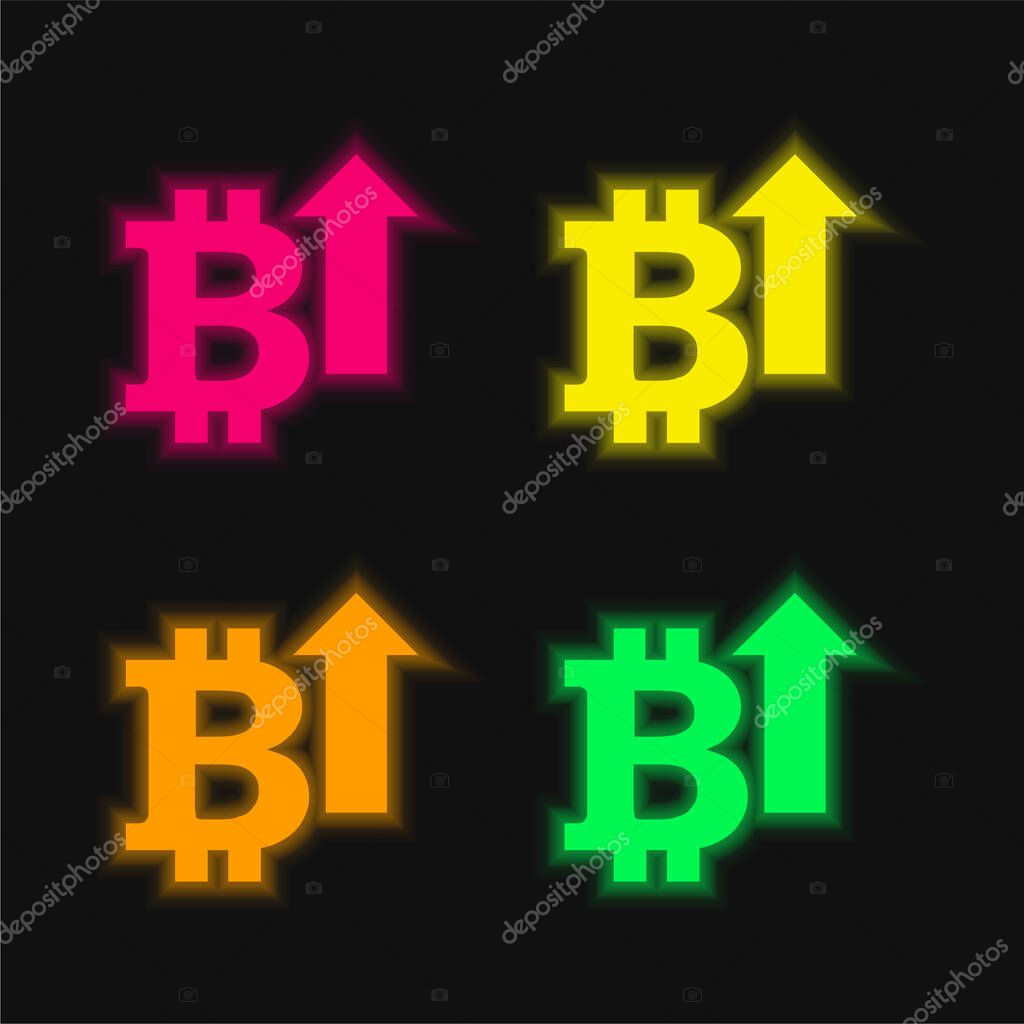 Bitcoin With An Up Arrow four color glowing neon vector icon