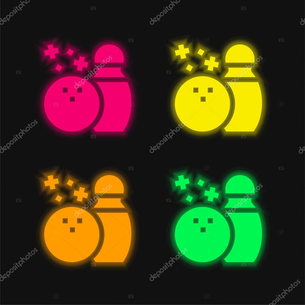 Bowling four color glowing neon vector icon