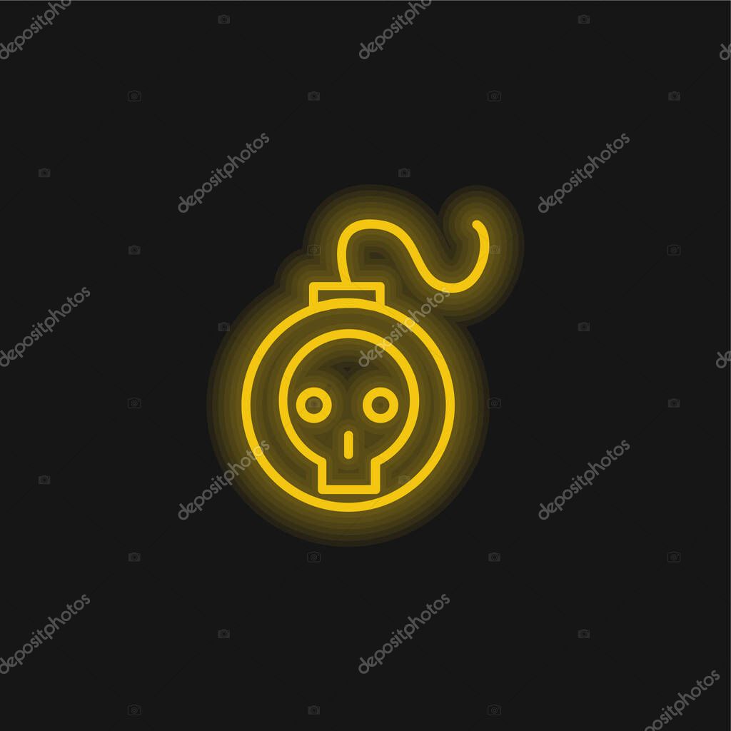 Bomb With Skull Outline yellow glowing neon icon