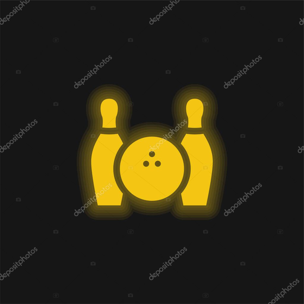 Bowling Ball And Two Bowls yellow glowing neon icon