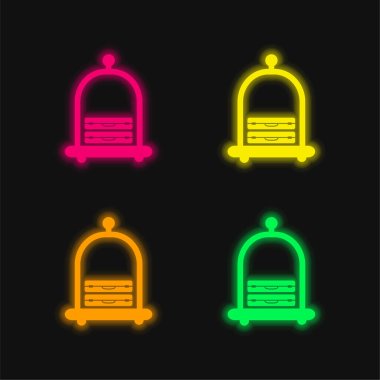 Zarif bir Otel Platformu Aracındaki Bagaj Dört Renkli Parlak Neon Vektör Simgesi