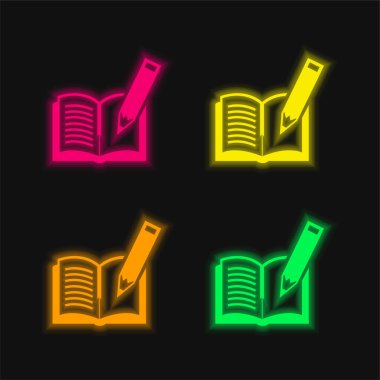 Kitap ve Kalem 4 renkli parlak neon vektör simgesi