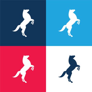 Big Horse Stand Up Pose On Back Paws blue and red four color minimal icon set clipart