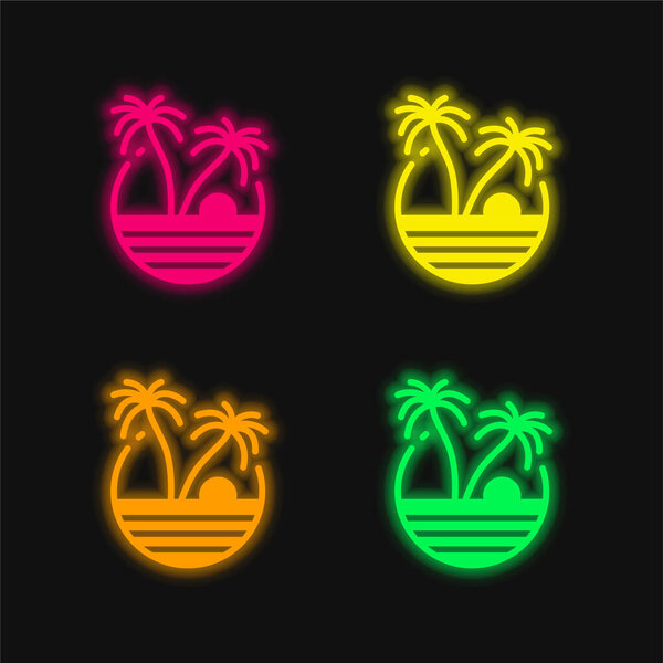 Пляж четырехцветный светящийся неоновый вектор