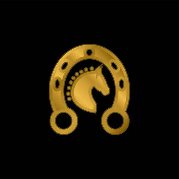 Черная голова лошади в золотом подковы пластмассовый металлический значок или вектор логотипа