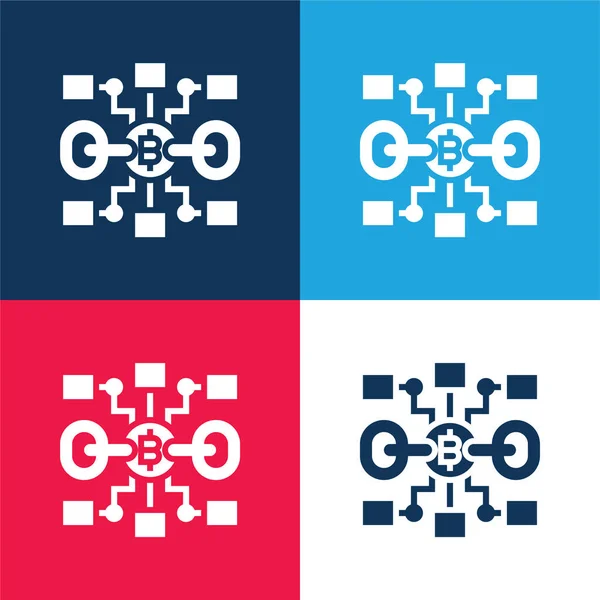 Blockchain Blue Red Four Color Minimal Icon Set — Stock Vector