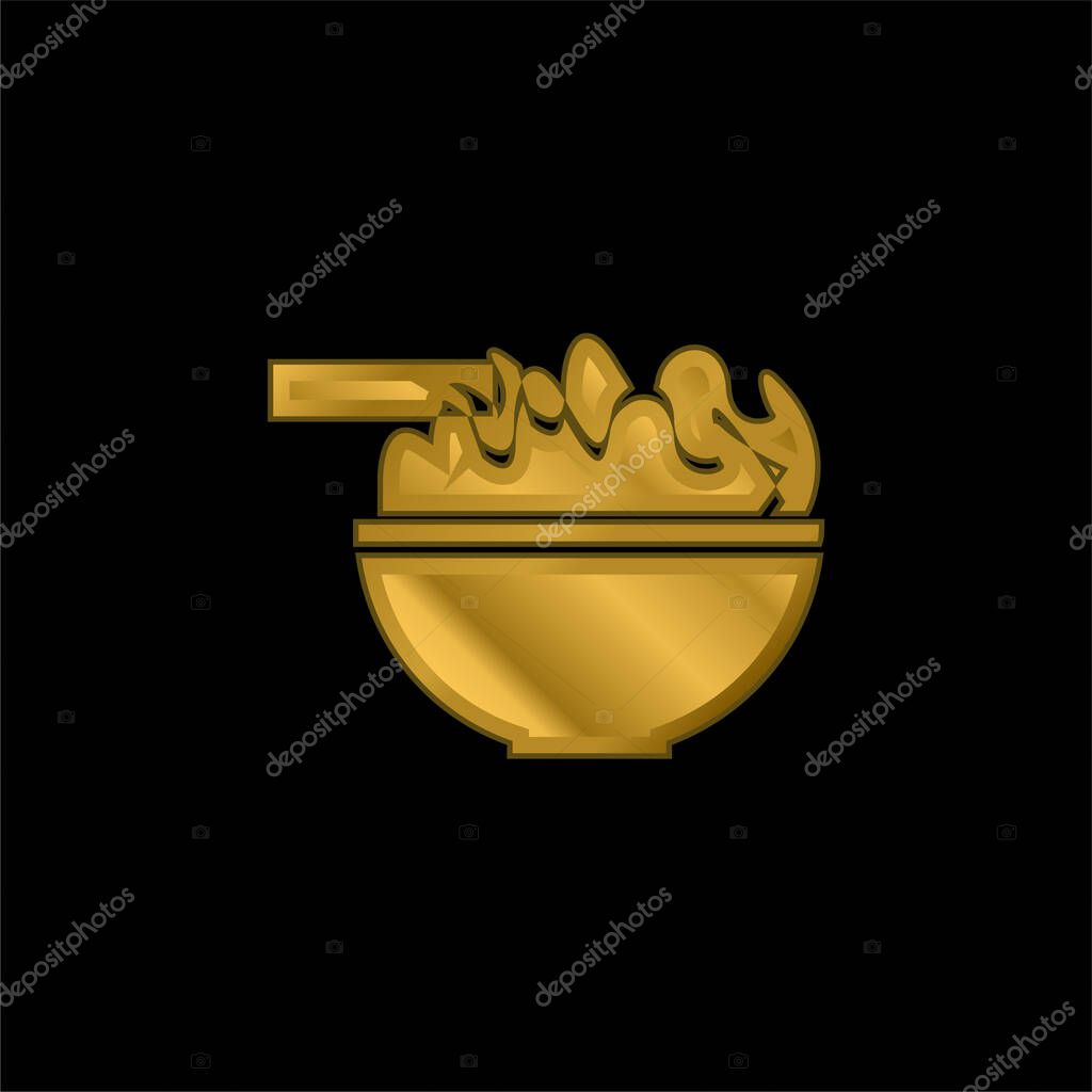 Bowl With Chinese Food gold plated metalic icon or logo vector