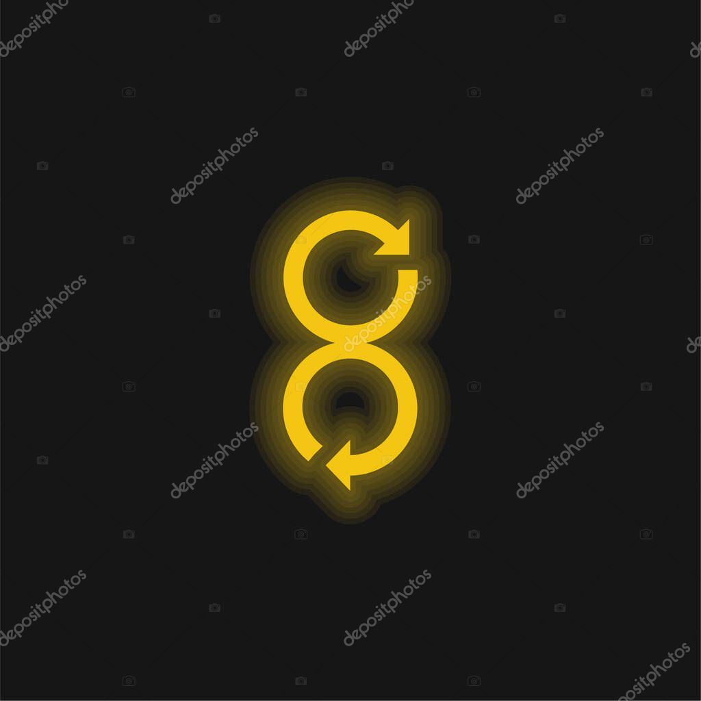Arrows Rotating In Opposite Directions yellow glowing neon icon