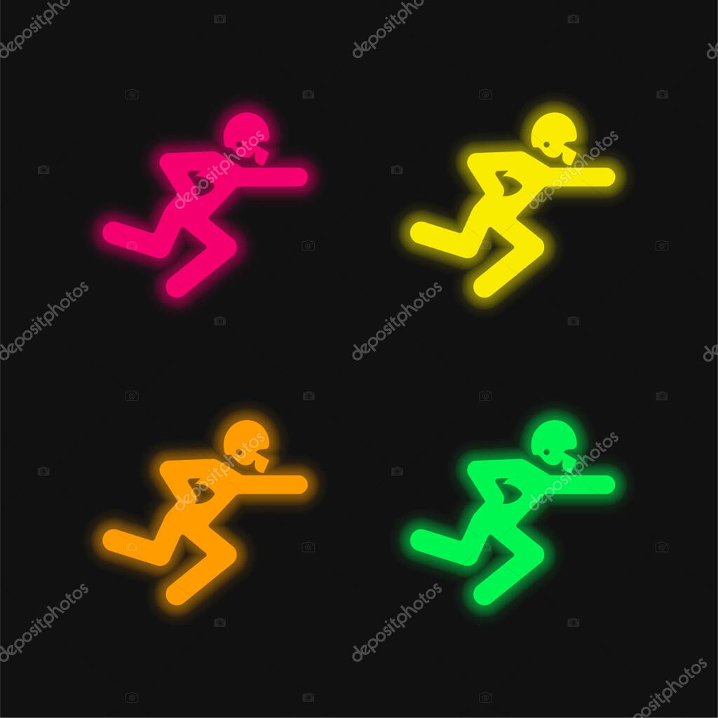 American Football Player Running With The Ball four color glowing neon vector icon