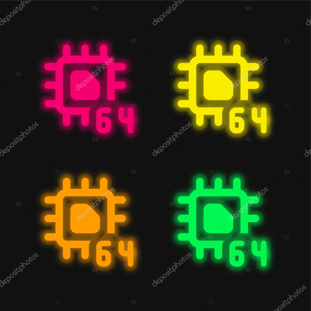 64 Bit four color glowing neon vector icon