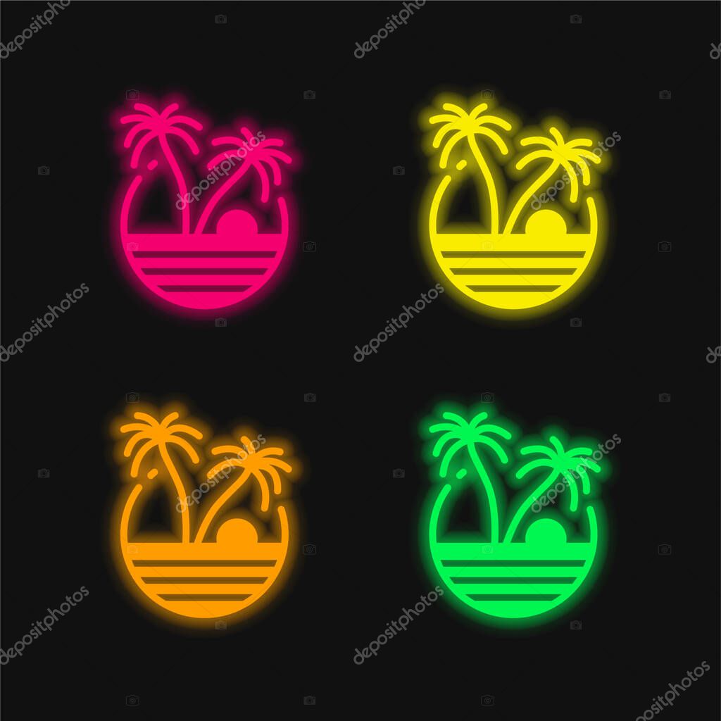 Beach four color glowing neon vector icon