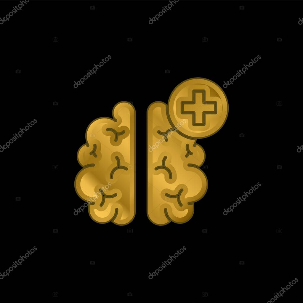 Brain gold plated metalic icon or logo vector