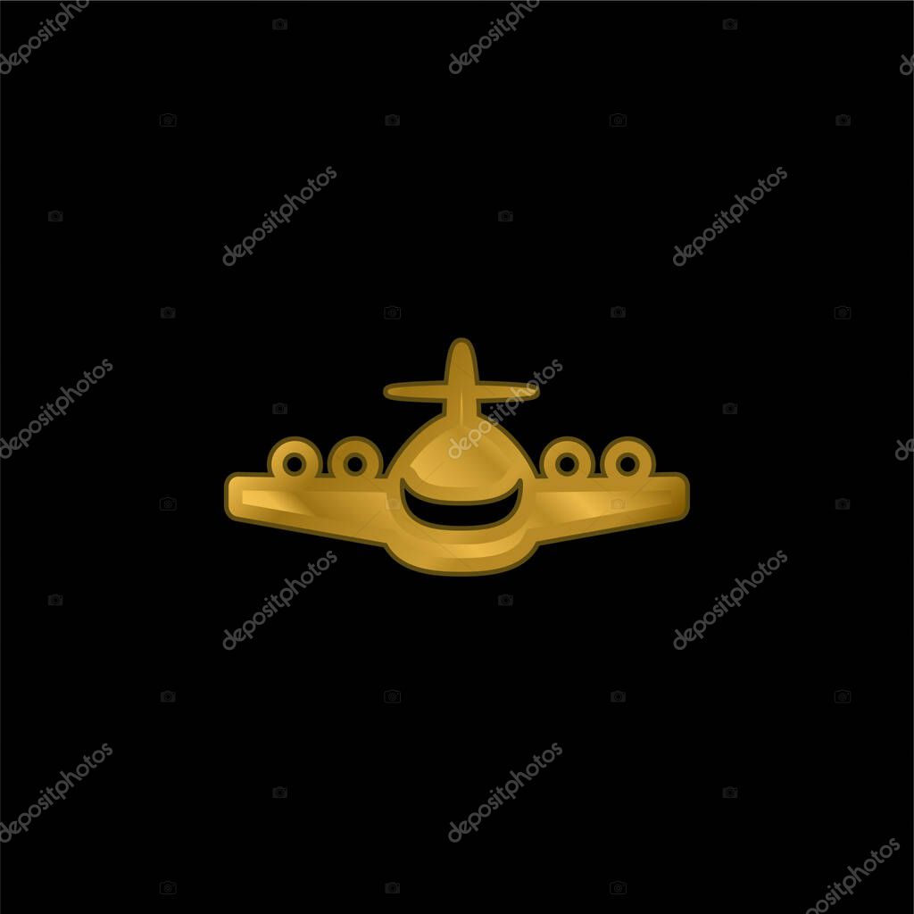 Big Plane Front View gold plated metalic icon or logo vector