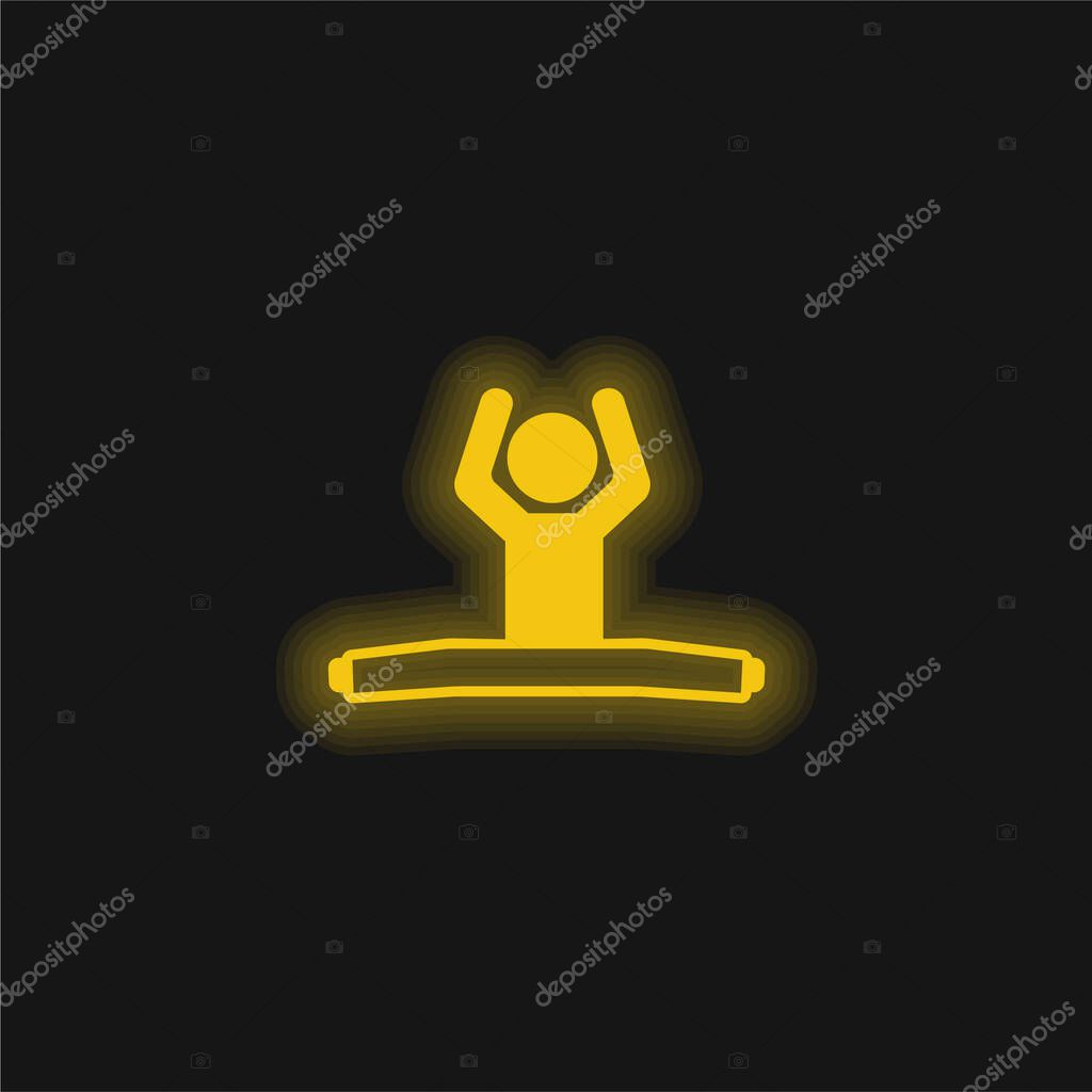 Boy Sitting With Stretch Legs And Arms Up yellow glowing neon icon