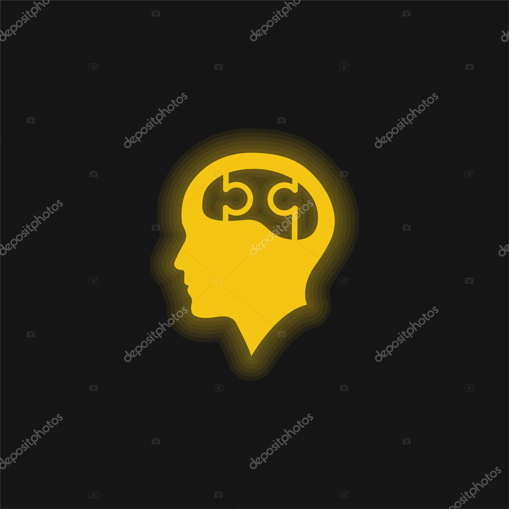 Bald Head With Puzzle Brain yellow glowing neon icon