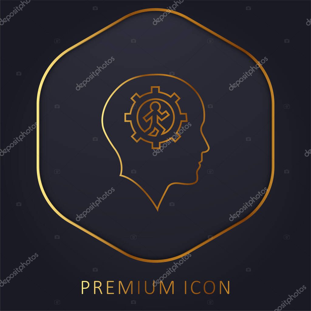 Bald Head With Gear And Running Man Inside golden line premium logo or icon