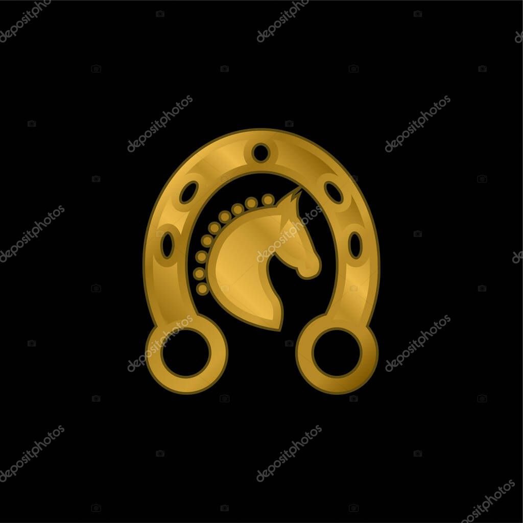 Black Head Horse In A Horseshoe gold plated metalic icon or logo vector