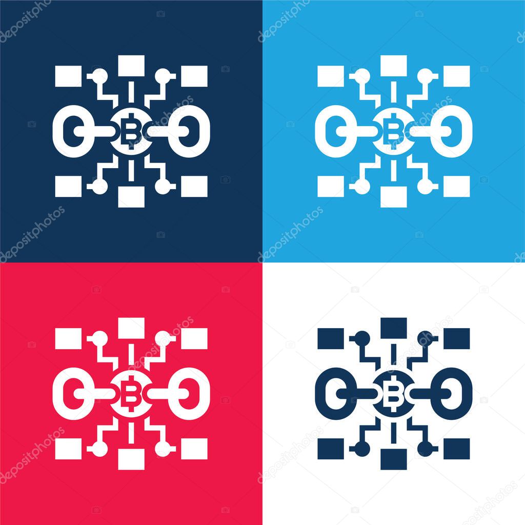 Blockchain blue and red four color minimal icon set