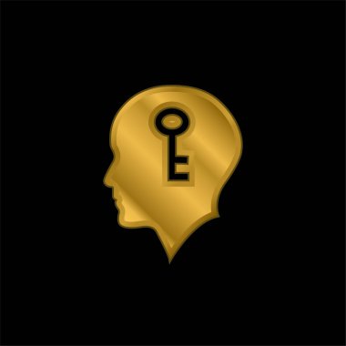 Altın kaplama metalik ikon ya da logo vektörünün içinde anahtarı olan kel kafa