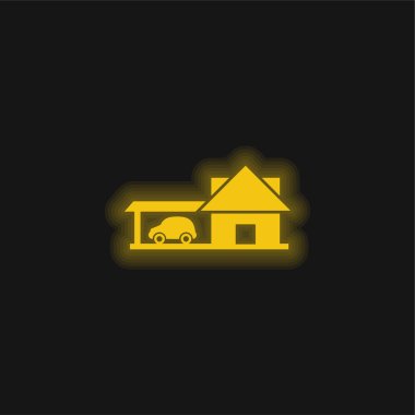 Otomobil garajı olan büyük ev. Sarı parlak neon ikon.