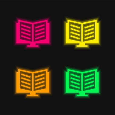 Kitap, dört renkli, parlayan neon vektör simgesinde açıldı