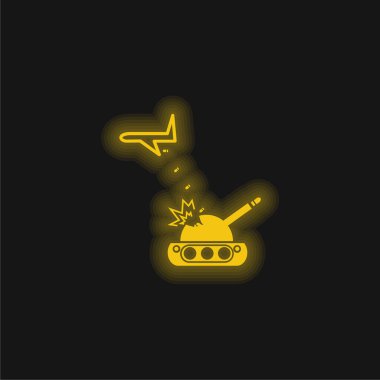Airplane Throwing Bombs On A War Tank yellow glowing neon icon clipart