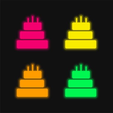 Birthday Cake Of Three Cakes four color glowing neon vector icon clipart