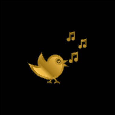 Bird Singing With Musical Notes gold plated metalic icon or logo vector clipart