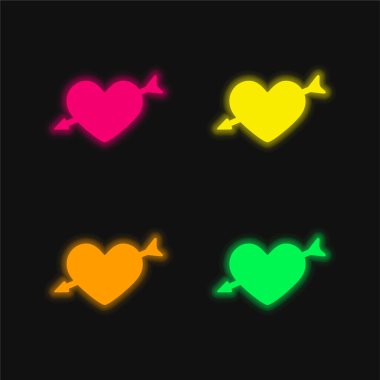 Ok ve Kalp dört renk parlayan neon vektör simgesi