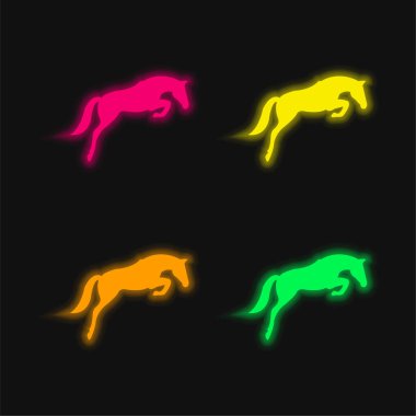 Black Jumping Horse With Face Looking To The Ground four color glowing neon vector icon clipart