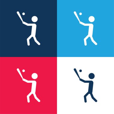 Beyzbol Yarasalı Futbolcu Topa Vuruyor Mavi ve Kırmızı Dört Renk Minimum Simgesi