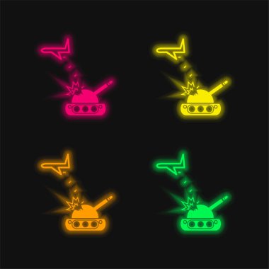 Airplane Throwing Bombs On A War Tank four color glowing neon vector icon clipart