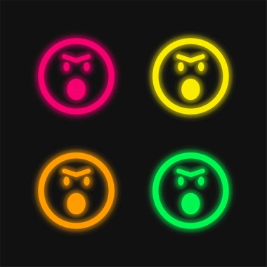 Açılan Ağızlı Kızgın Duygusal Yüz Yuvarlak Meydan Dış Hattı Dört Renkli Parlak neon vektör simgesi