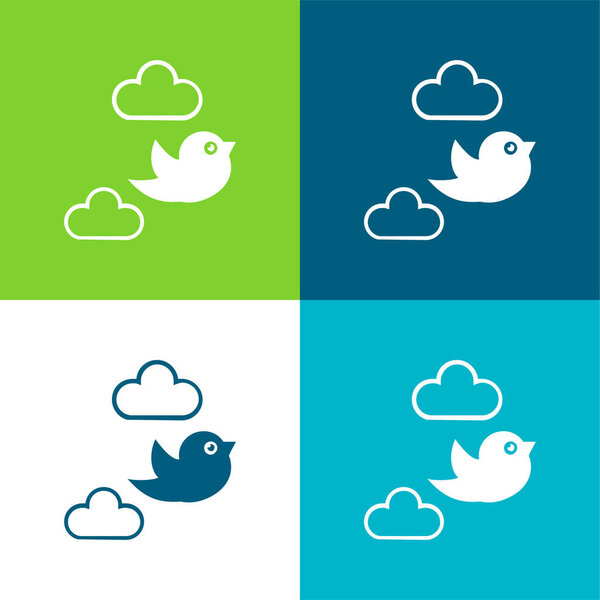 Bird Flying Between Clouds Flat four color minimal icon set