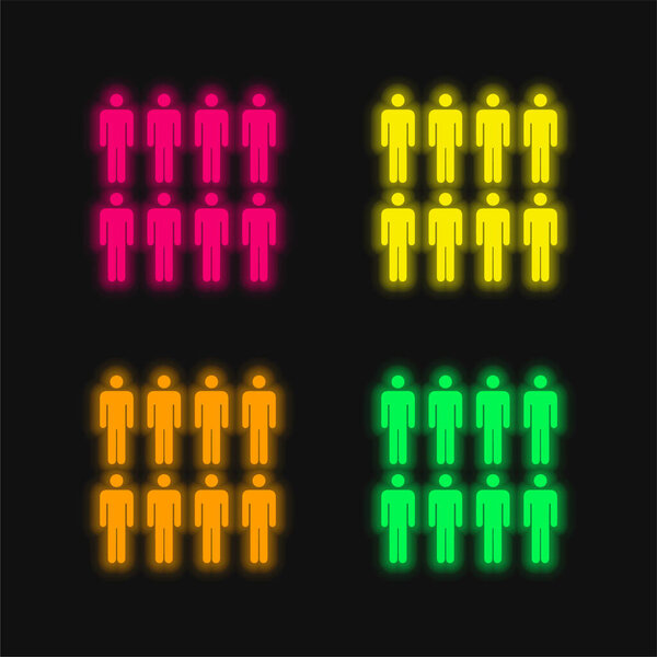 8 Persons four color glowing neon vector icon