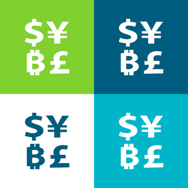 Символ биткойна с символом иены доллара и фунта плоские четыре цвета минимальный набор значков