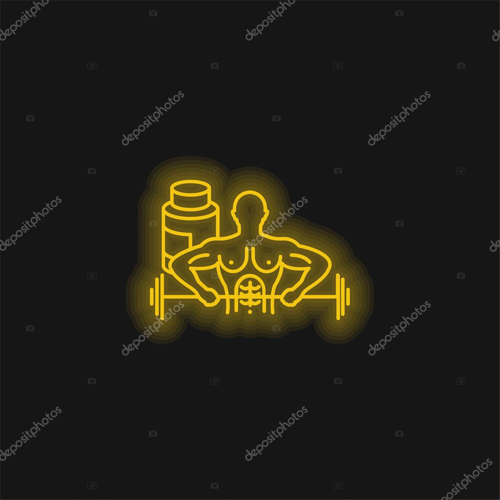Bodybuilder Carrying Dumbbell yellow glowing neon icon