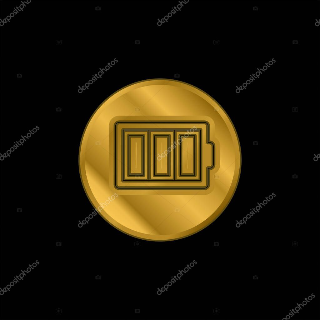 Battery Thin Outline Symbol In A Circle gold plated metalic icon or logo vector