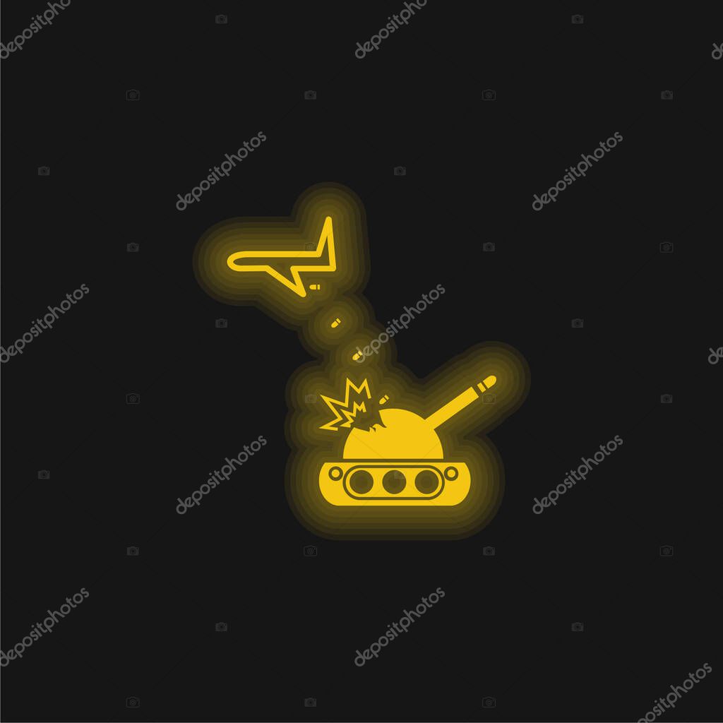 Airplane Throwing Bombs On A War Tank yellow glowing neon icon