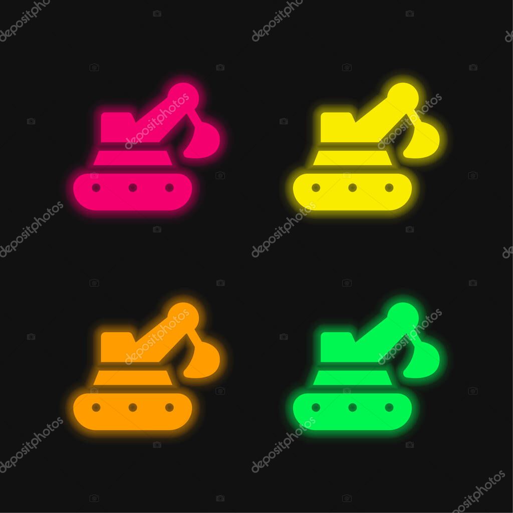Backhoe four color glowing neon vector icon