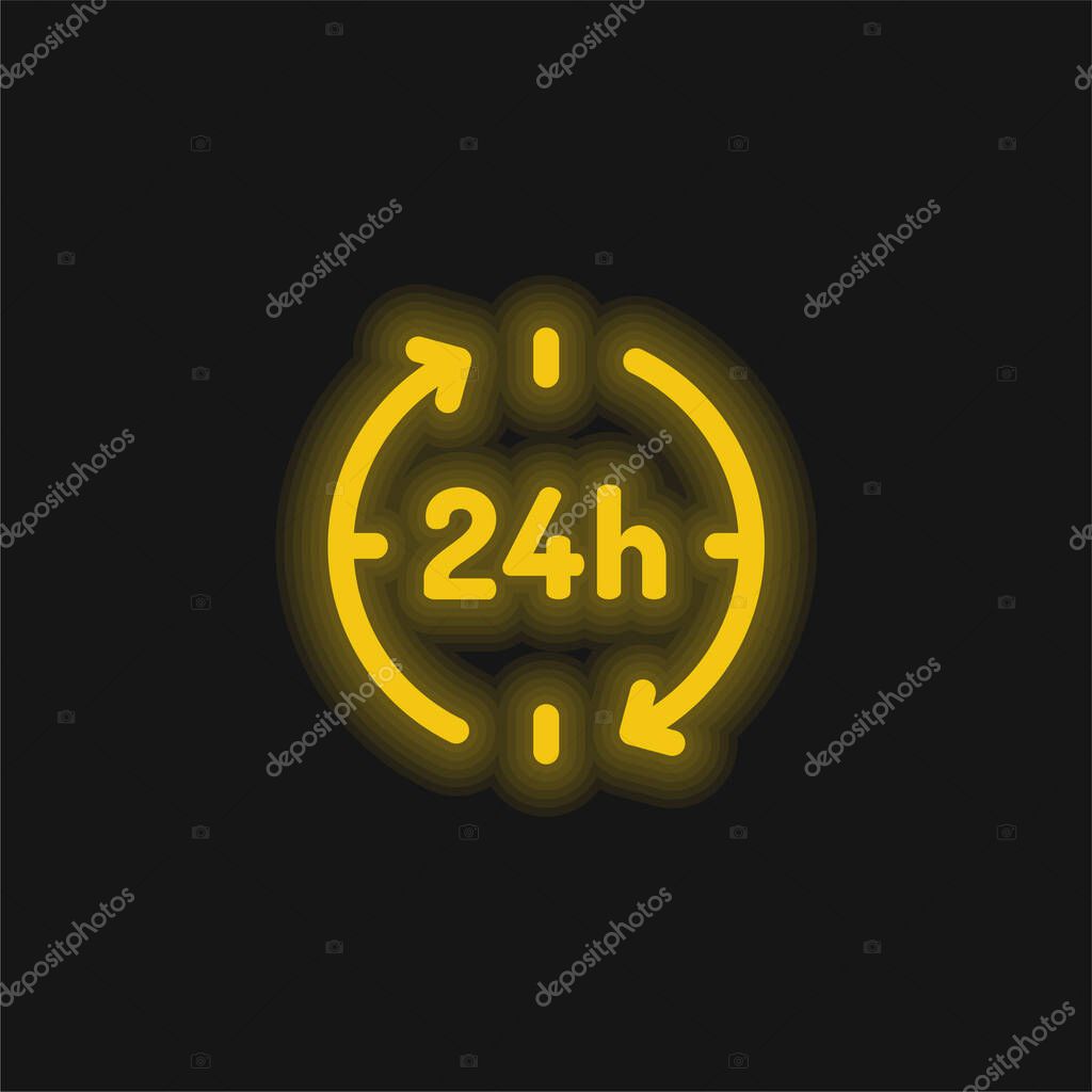 24 Hours yellow glowing neon icon