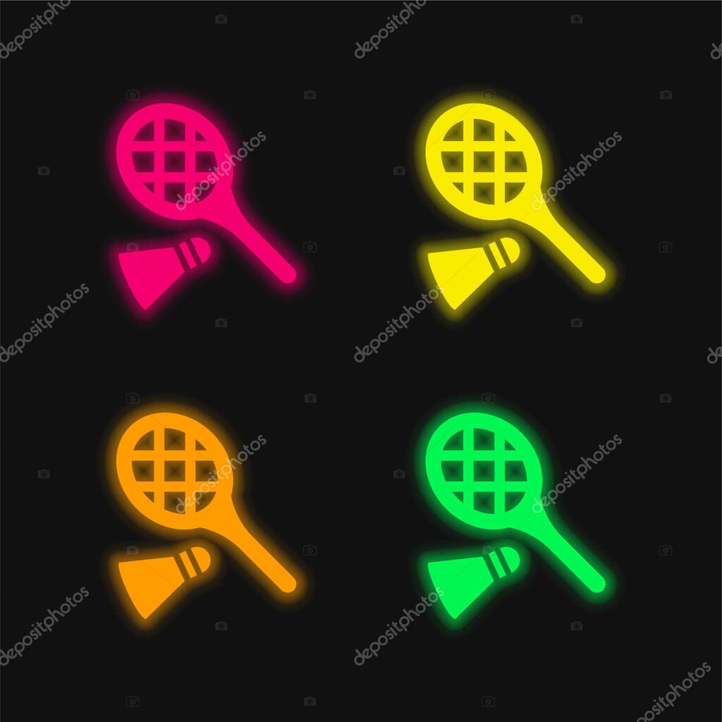 Badminton RAcket And Feather four color glowing neon vector icon
