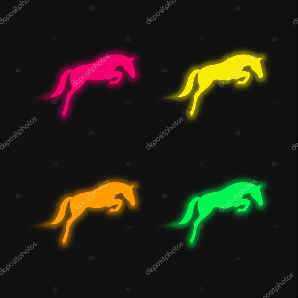 Black Jumping Horse With Face Looking To The Ground four color glowing neon vector icon