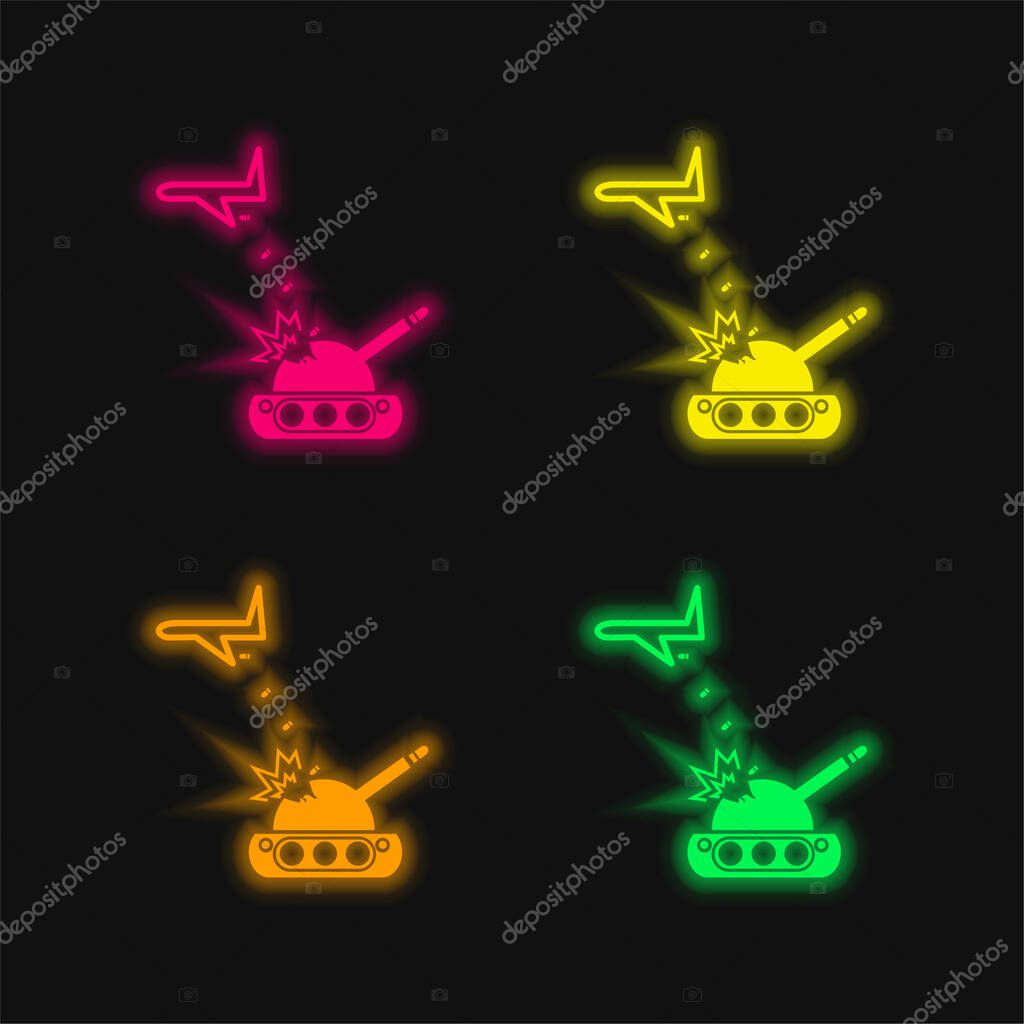 Airplane Throwing Bombs On A War Tank four color glowing neon vector icon