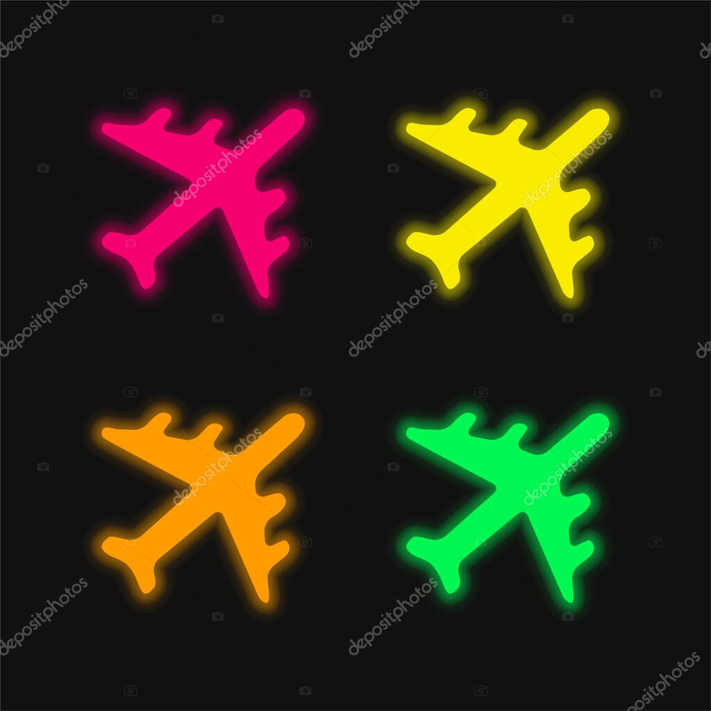 Black Airplane four color glowing neon vector icon
