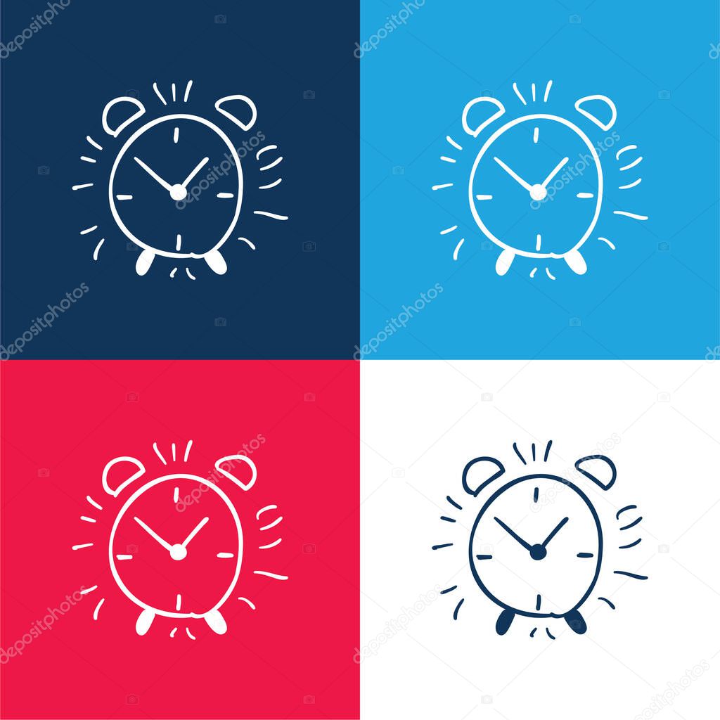 Alarm Clock Hand Drawn Outline blue and red four color minimal icon set