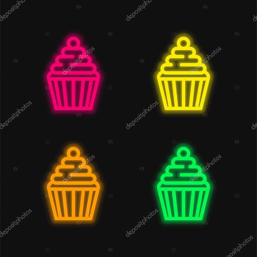 Big Cupcake With Cherry four color glowing neon vector icon